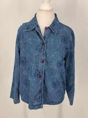 Vintage Unbranded Womens M Embroidered Denim Shirt Jacket Blue Floral 90s